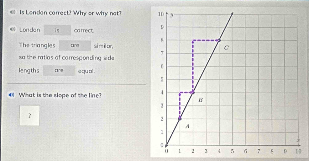 Is London correct? Why or why not? 
London is correct. 
The triangles are similar, 
so the ratios of corresponding side 
lengths are equal. 
What is the slope of the line? 
?