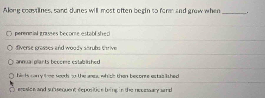 Along coastlines, sand dunes will most often begin to form and grow when _.
perennial grasses become established
diverse grasses and woody shrubs thrive
annual plants become established
birds carry tree seeds to the area, which then become established
erosion and subsequent deposition bring in the necessary sand