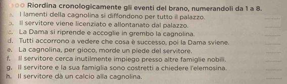 ³◎◎ Riordina cronologicamente gli eventi del brano, numerandoli da 1 a 8. 
. I lamenti della cagnolina si diffondono per tutto il palazzo. 
_ 
. Il servitore viene licenziato e allontanato dal palazzo. 
_ 
. La Dama si riprende e accoglie in grembo la cagnolina. 
_ 
d. Tutti accorrono a vedere che cosa è successo, poi la Dama sviene. 
_ 
e. La cagnolina, per gioco, morde un piede del servitore. 
_ 
f. Il servitore cerca inutilmente impiego presso altre famiglie nobili. 
_ 
g. Il servitore e la sua famiglia sono costretti a chiedere l'elemosina. 
_ 
h. Il servitore dà un calcio alla cagnolina. 
_