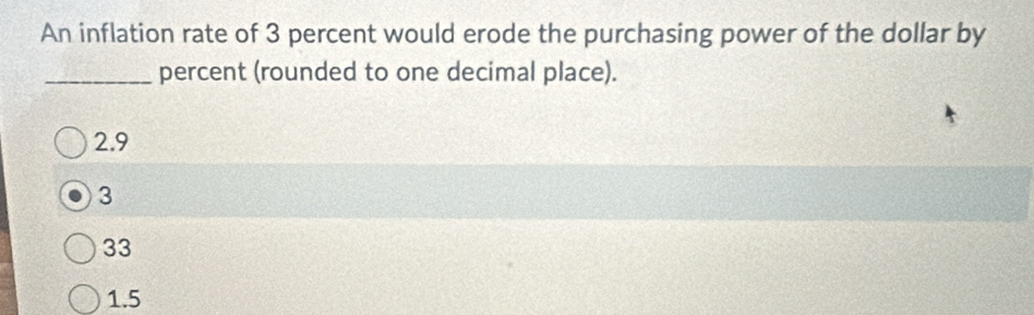 An inflation rate of 3 percent would erode the purchasing power of the dollar by
_percent (rounded to one decimal place).
2.9
3
33
1.5