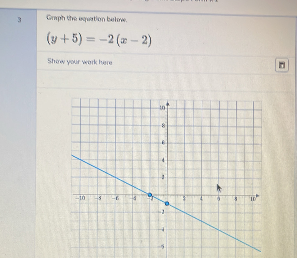 Graph the equation below.
(y+5)=-2(x-2)
Show your work here