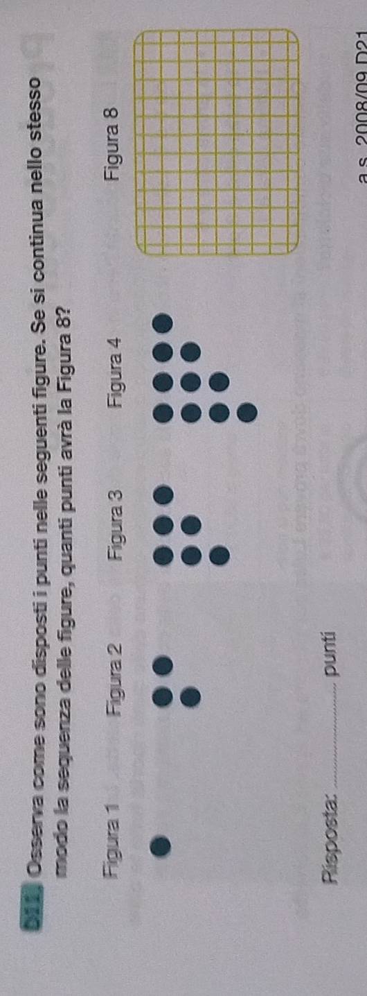 of d. Osserva come sono disposti i punti nelle seguenti figure. Se si continua nello stesso 
modo la sequenza delle figure, quanti punti avrà la Figura 8? 
Figura 1 Figura 2 Figura 3 Figura 4 Figura 8 
Risposta:_ punti 
a s 2008/09 D21