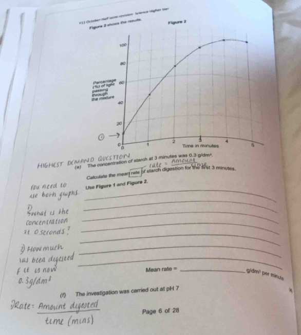 FII October Half serm remsion- Science Higher tier
i D
(e) The concentration of starch at 3 minu
Calculate the meant rate of starch digestion for the first 3 minutes.
_
   
Use Figure 1 and Figure 2.
t
_
_
en t ra t io_
_
_
_
Mean rate =_
g/dm^3 per minuts
(f) The investigation was carried out at pH 7
Page 6 of 28