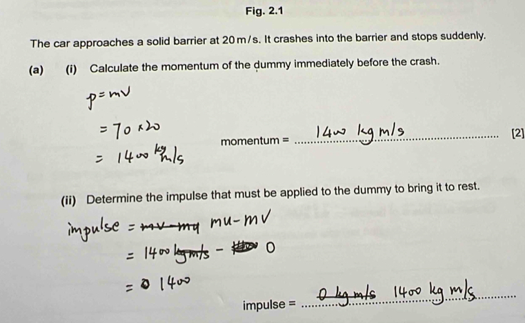 Fig. 2.1 
The car approaches a solid barrier at 20m/s. It crashes into the barrier and stops suddenly. 
(a) (i) Calculate the momentum of the dummy immediately before the crash. 
_[2] 
moment = 
(ii) Determine the impulse that must be applied to the dummy to bring it to rest. 
impulse 
_