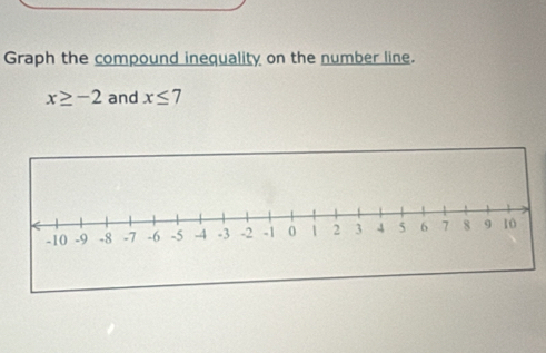 Graph the compound inequality on the number line.
x≥ -2 and x≤ 7