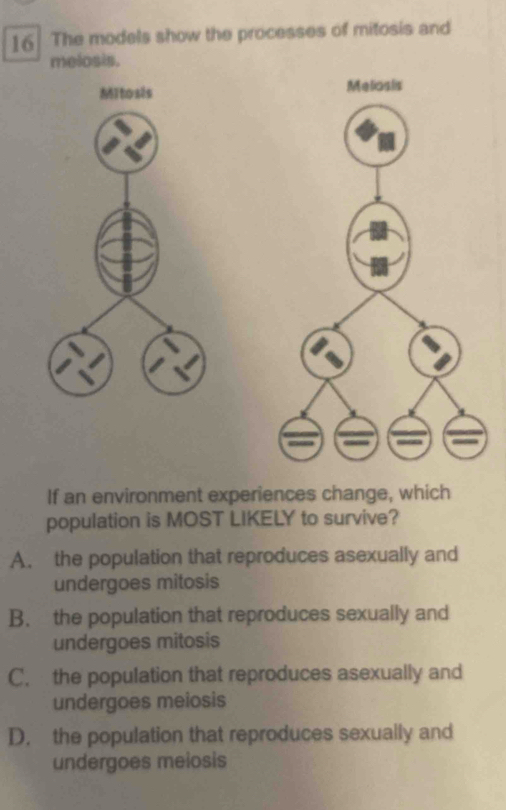 The models show the processes of mitosis and
melosis.
Mitosis Melosis
If an environment experiences change, which
population is MOST LIKELY to survive?
A. the population that reproduces asexually and
undergoes mitosis
B. the population that reproduces sexually and
undergoes mitosis
C. the population that reproduces asexually and
undergoes meiosis
D. the population that reproduces sexually and
undergoes meiosis