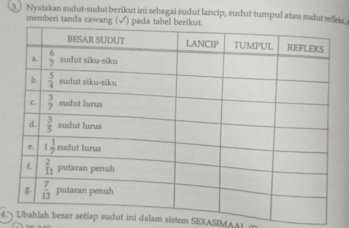 3.) Nyatakan sudut-sudut berikut ini sebagai sudut lancip, sudut tumpul atau sudut refleks, 
memberi tanda cawang (
4.udut ini dalam sistem SEXASIMAAL