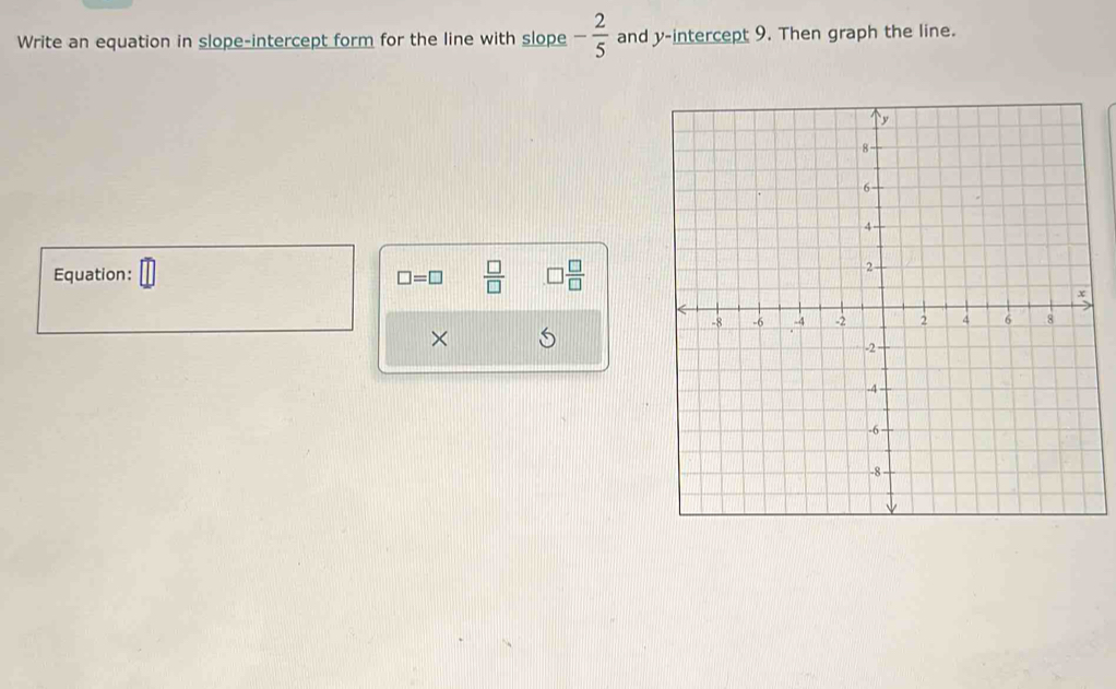 Write an equation in slope-intercept form for the line with slope - 2/5  and y-intercept 9. Then graph the line. 
Equation: □ =□  □ /□   □  □ /□  
× 5