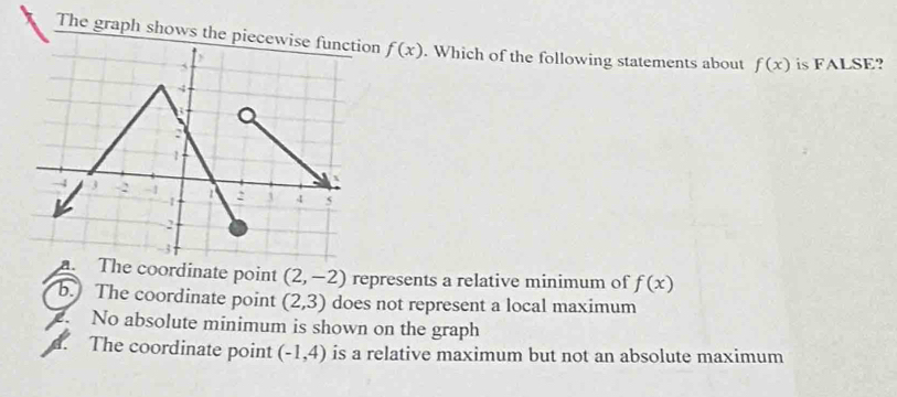 The graph shows the piecewise function f(x). Which of the following statements about f(x) is FALSE?
e coordinate point (2,-2) represents a relative minimum of f(x)
b. The coordinate point (2,3) does not represent a local maximum. No absolute minimum is shown on the graph. The coordinate point (-1,4) is a relative maximum but not an absolute maximum