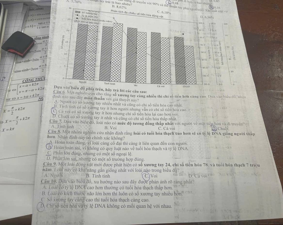 5,76% làn lay trái là bao nhiêu? 〇0.48
gên đị hợp là bao nhiều
a bằng di truyền với 90% cá thể thuận tây phải (gen trội). Xác suất cập vớ
V ức công: 
b ) = sin a.co
± b)= co s a £o
a± b)=frac tan a± t1mp tan a_1
tổng tành
2co  (a+)/2 
b=-2sin  (a+1)/2 
sin a+sin b=2sin  (a+b)/2 
sina-sir b=2cos  (a+b)/2 
7 CÔNG tHức
lời các câu sau:
xRightarrow beginarrayl x=alpha +k2π  x=π -alpha +k2π endarray. Câu 6. Một nghiên cứu cho răng số xương tay cảng nhiều thì chỉ số tiền hóa càng cao. Dựa vào biêu đô, nhân
sα < <tex>x=± alpha +k2π NG
định nào sau đây mâu thuẫn với giả thuyết này?
A. Người có số xương tay nhiều nhất và cũng có chi số tiến hóa cao nhất.
B. Tỉnh tinh có số xương tay ít hơn người nhưng vẫn có chi số tiền hóa cao.
X= π /2 +k2π C Cá voi có số xương tay ít hơn nhưng chỉ số tiến hóa lại cao hơn voi.
D. Chuột có số xương tay ít nhất và cũng có chỉ số tiến hóa thấp nhất.
> X=- π /2 +k2π Câu 7. Dựa vào biểu đồ, loài nào có mức độ tương đồng thấp nhất với người về mặt tiến hóa và di truyền?
X=kπ
A. Tỉnh tinh B. Voi C. Cá voi D Chuột
Câu 8. Một nhóm nghiên cứu nhận định rằng loài có tuổi hóa thạch cao hơn sẽ có ty lệ DNA giống người thấp
hơn. Nhận định này có chính xác không?
A. Hoàn toàn đúng, vì loài càng cổ đại thì càng ít liên quan đến con người.
B. Hoàn toàn sai, vì không có quy luật nào về tuổi hóa thạch và tỷ lệ DNA. > 2. 5
C. Phần lớn đúng, nhưng có một số ngoại lệ.
D. Phan lớn sai, nhưng có một số trường hợp đúng.
Câu 9. Một loài động vật mới được phát hiện có số xương tay 24, chỉ số tiến hóa 78, và tuổi hóa thạch 7 triệu
năm. Loài này có kha năng gần giống nhất với loài nào trong biêu độ?
A. Người B. Tinh tinh C. Voi D. Cá voi 
Câu 10. Dựa vào biểu đồ, xu hướng nào sau đây được phản ánh rõ ràng nhất?
A. Loài có tỷ lệ DNA cao hơn thường có tuổi hóa thạch thấp hơn.
B. Loài có kích thước não lớn hơn thi luôn có số xương tay nhiều hơn.
C. Số xường tay càng cao thì tuổi hóa thạch càng cao.
D. Chi số tiến hóa và tỷ lệ DNA không có mối quan hệ với nhau.