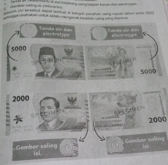 Tanda al (watermark) di sisi belakang uang bagian kanan dan electrotype 
2. Gambar saling isi (retoverso). 
Seluruh ciri tersebut dapat terlihat di ketujuh pecahan uang rupiah tahun emisi 2022 
sehingga usahakan untuk selalu mengecek keaslian uang yang diterima. 
Tanda air dan 
Tanda air dan 
electrotype electrotype
5000. 
SPECIMEN 

DONESIA 
SPECIMEN 
L 5000
ZAN G S A
2000
INDONESIA 
SPECIMEN 
SPECIMEN 
0 
て2の◎○◎○○ 
20ROP 4 DUA RIBLI RLIPIAH 2000
2000
Gambar saling 
a 
Gambar saling 13 isi 
isi