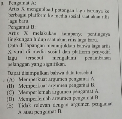 Pengamat A:
Artis X mengupload potongan lagu barunya ke
berbagai platform ke media sosial saat akan rilis
lagu baru.
Pengamat B:
Artis X melakukan kampanye pentingnya
lingkungan hidup saat akan rilis lagu baru.
Data di lapangan menunjukkan bahwa lagu artis
X viral di media sosial dan platform penyedia
lagu tersebut mengalami penambahan
pelanggan yang signifikan.
Dapat disimpulkan bahwa data tersebut
(A) Memperkuat argumen pengamat A.
(B) Memperkuat argumen pengamat B.
(C) Memperlemah argumen pengamat A.
(D) Memperlemah argumen pengamat B.
(E) Tidak relevan dengan argumen pengamat
A atau pengamat B.