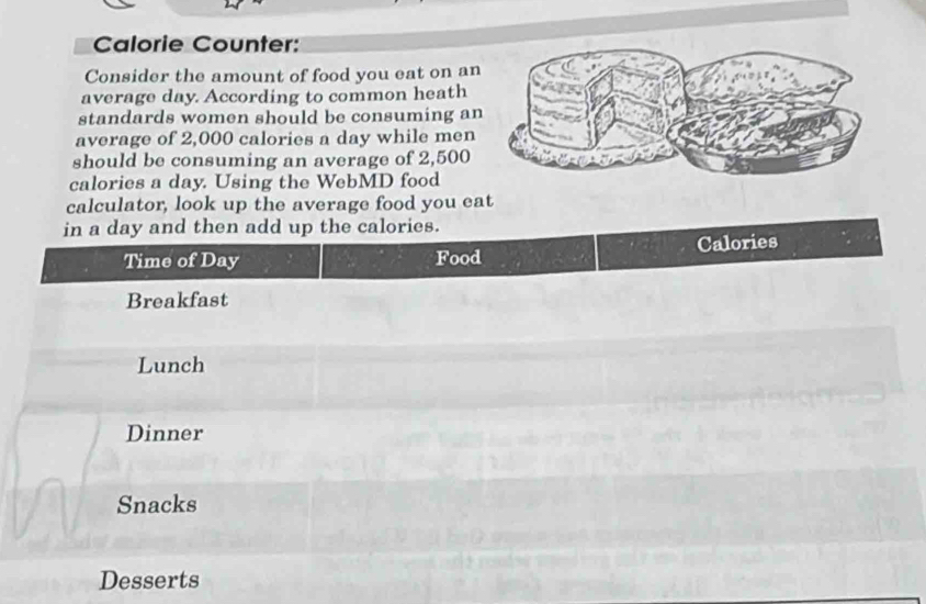 Calorie Counter: 
Consider the amount of food you eat on an 
average day. According to common heath 
standards women should be consuming an 
average of 2,000 calories a day while men 
should be consuming an average of 2,500
calories a day. Using the WebMD food 
calculator, look up the average food you eat 
in a day and then add up the calories. 
Time of Day Food Calories 
Breakfast 
Lunch 
Dinner 
Snacks 
Desserts