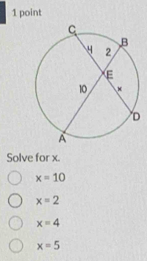 Solve for x.
x=10
x=2
x=4
x=5