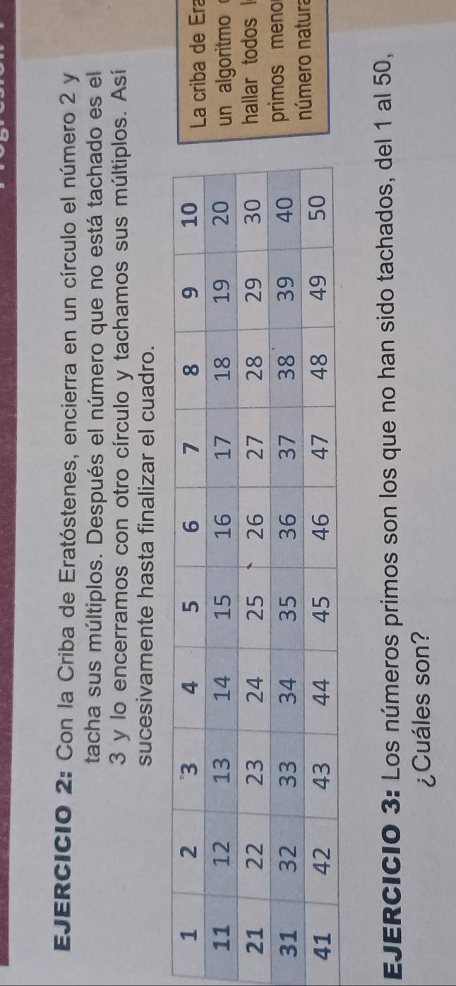 Con la Criba de Eratóstenes, encierra en un círculo el número 2 y 
tacha sus múltiplos. Después el número que no está tachado es el
3 y lo encerramos con otro círculo y tachamos sus múltiplos. Así 
sucesivamente hasta finalizar el cuadro. 
e Era 
tmo 
os l 
meno 
atura 
EJERCICIO 3: Los números primos son los que no han sido tachados, del 1 al 50, 
¿Cuáles son?