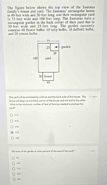 The figure below shows the top view of the Santana
family's house and yard. The Sanianas' rectangular house
is 40 feet wide and 30 feet long, and their rectangular yard
is 75 feet wide and 100 feet long. The Santanas have a
rectangular garden in the back corner of their yard that is
30 feet wide and 25 feet long. The garden currently
contains 48 flower bulbs: 10 tulip bulbs, 18 daffodil bulbs,
and 20 crocus bulbs.
The yard will be enclosed by a fence and the back side of the house. The 1 pont
fence will begin at one back corner of the house and will end at the other.
What is the minimum number of feet of fencing needed to enclose the
yard?
215
275
310
315
3 50
The area of the garden is what percent of the area of the yard?" 1 pair
10
11
25 
40%