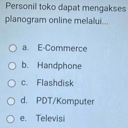 Personil toko dapat mengakses
planogram online melalui...
a. E-Commerce
b. Handphone
c. Flashdisk
d. PDT/Komputer
e. Televisi