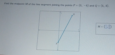 Find the midpoint M of the line segment joining the points P=(0,-6) and Q=(6,8).
M=(□ ,□ )