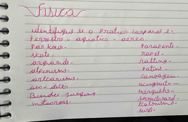 fuica
identpuque he a praties carpanae e:
tenrestoo - aquatics -aozeo
Pan kown- porapente.
noto. nape-
angrande. nalting-
alpnums- patins.
sanlcams.
cangagem-
aro - delts
winghetr-
Buunder jumping menguehs-
motocron- Morsul-sard-
Rcalonms.
wIe-