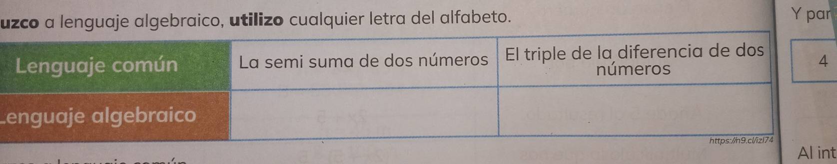 uzco a lenguaje algebraico, utilizo cualquier letra del alfabeto. 
Ypar 
L 
t