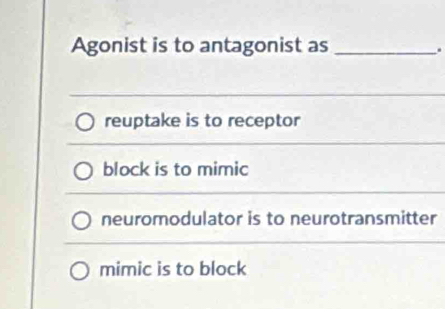 Agonist is to antagonist as_
.
reuptake is to receptor
block is to mimic
neuromodulator is to neurotransmitter
mimic is to block