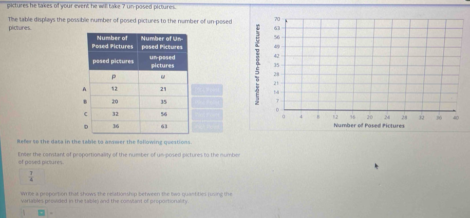 pictures he takes of your event he will take 7 un-posed pictures. 
The table displays the possible number of posed pictures to the number of un-posed 
pictures. 


b in 

Refer to the data in the table to answer the following questions. 
Enter the constant of proportionality of the number of un-posed pictures to the number 
of posed pictures.
 7/4 
Write a proportion that shows the relationship between the two quantities (using the 
variables provided in the table) and the constant of proportionality. 
=