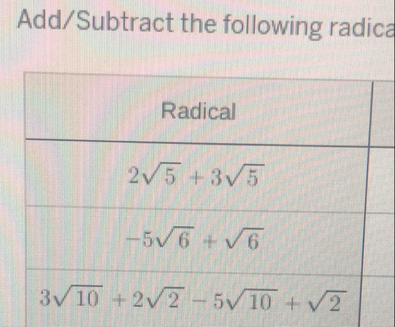 Add/Subtract the following radica