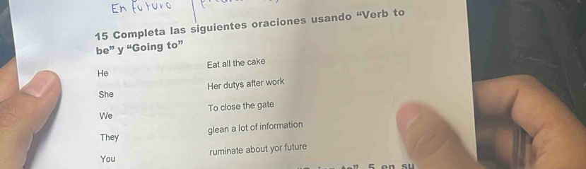 Completa las siguientes oraciones usando “Verb to 
be” y “Going to” 
He Eat all the cake 
She Her dutys after work 
We To close the gate 
glean a lot of information 
They 
ruminate about yor future 
You 
g en su