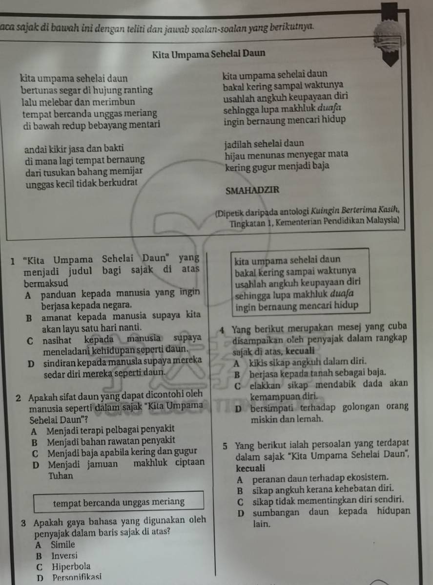 aca sajak di bawah ini dengan teliti dan jawab soalan-soalan yang berikutnya.
Kita Umpama Sehelai Daun
kita umpama sehelai daun kita umpama sehelaî daun
bertunas segar di hujung ranting bakal kering sampal waktunya
lalu melebar dan merimbun usahlah angkuh keupayaan diri
tempat bercanda unggas meriang sehingga lupa makhluk duafa
di bawah redup bebayang mentari ingin bernaung mencari hidup
andai kikir jasa dan bakti jadilah sehelai daun
di mana lagi tempat bernaung hijau menunas menyegar mata
dari tusukan bahang memijar kering gugur menjadi baja
unggas kecil tidak berkudrat
SMAHADZIR
(Dipetik daripada antologi Kuíngin Berterima Kasih,
Tingkatan 1, Kementerian Pendidikan Malaysia)
1 “Kita Umpama Sehelai Daun' yang kita umpama sehelai daun
menjadi judul bagi sajak di atas bakal kering sampai waktunya
bermaksud usahlah angkuh keupayaan diri
A panduan kepada manusia yang ingin séhingga lupa makhluk duafa
berjasa kepada negara.
B amanat kepada manusia supaya kita ingin bernaung mencari hidup
akan layu satu hari nanti. 4 Yang berikut merupakan mesej yang cuba
C nasihat kepada manusia supaya disampaikan oleh penyajak dalam rangkap
meneladani kehidupan seperti daun. sajak di atas, kecuali
D sindiran kepada manusia supaya mereka A kikis sikap angkuh dalam diri.
sedar diri mereka seperti daun. B berjasa kepada tanah sebagai baja.
C elakkan sikap mendabik dada akan
2 Apakah sifat daun yang dapat dicontohi oleh kemampuan diri.
manusia seperti dalam sajak “Kita Umpama D bersimpati terhadap golongan orang
Sehelai Daun"? miskin dan lemah.
A Menjadi terapi pelbagai penyakit
B Menjadi bahan rawatan penyakit 5 Yang berikut ialah persoalan yang terdapat
C Menjadi baja apabila kering dan gugur dalam sajak ''Kita Umpama Sehelaí Daun',
D Menjadi jamuan makhluk ciptaan kecuali
Tuhan
A peranan daun terhadap ekosistem.
B sikap angkuh kerana kehebatan diri.
tempat bercanda unggas meriang C sikap tidak mementingkan diri sendiri.
3 Apakah gaya bahasa yang digunakan oleh D sumbangan daun kepada hidupan
lain.
penyajak dalam baris sajak di atas?
A Simile
B Inversi
C Hiperbola
D Personifikasi