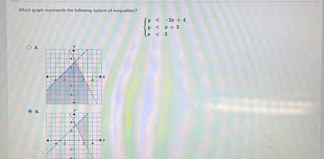 Which graph represents the following system of inequalities?
beginarrayl y <3endarray.
A.
B.