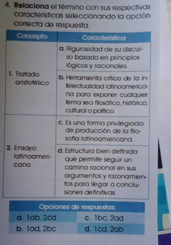 Relaciona el término con sus respectivas 
características seleccionando la opción 
correcta d
1
2