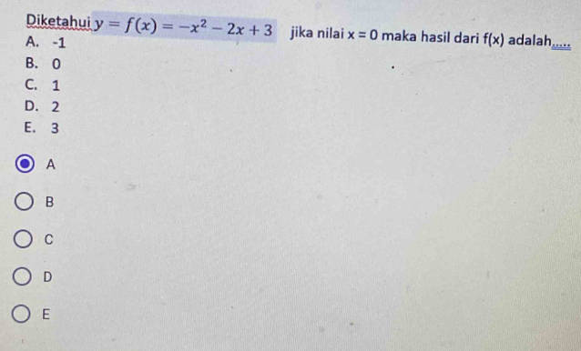 Diketahui y=f(x)=-x^2-2x+3 jika nilai x=0 maka hasil dari
A. -1 f(x) adalah_
B. 0
C. 1
D. 2
E. 3
A
B
C
D
E