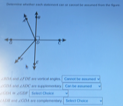 Determine whether each statement can or cannot be assumed from the figure.
∠BDA and ∠ h DE are vertical angles. Cannot be assumed
∠GDA and ∠ ADC are supplementary. Can be assumed
∠ GDA≌ ∠ GDF Select Choice
ZADB and ∠ GDA are complementary Select Choice