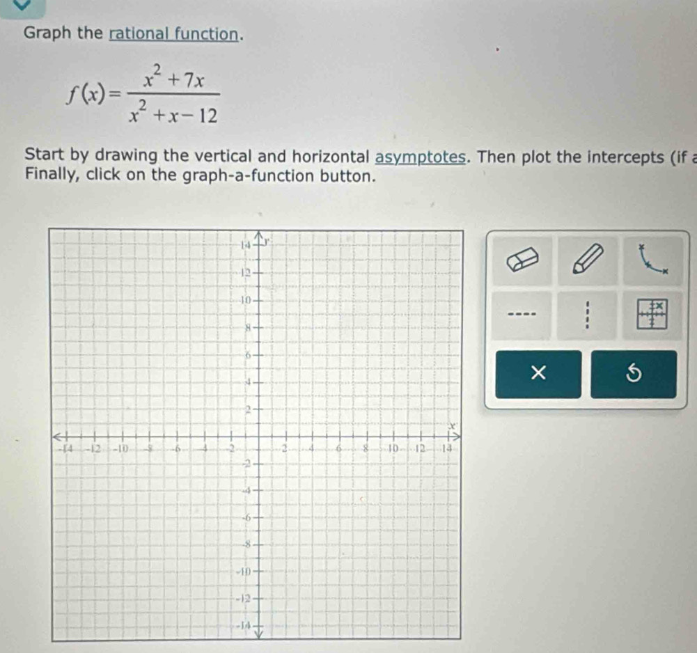 Graph the rational function.
f(x)= (x^2+7x)/x^2+x-12 
Start by drawing the vertical and horizontal asymptotes. Then plot the intercepts (if a 
Finally, click on the graph-a-function button. 
---- ! 
× 5