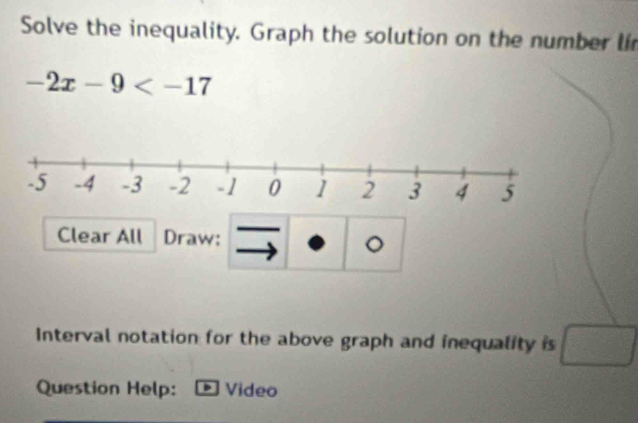 Solve the inequality. Graph the solution on the number li
-2x-9
Clear All Draw: 
。 
Interval notation for the above graph and inequality is □ 
Question Help: Video