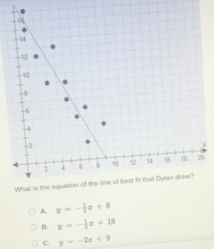 0
A. y=- 1/2 x+9
B. y=- 1/2 x+18
C. y=-2x+9