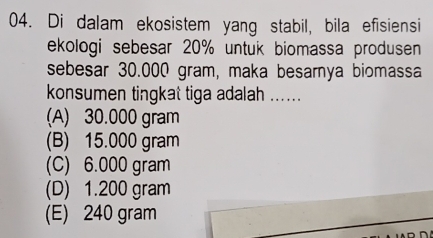 Di dalam ekosistem yang stabil, bila efisiensi
ekologi sebesar 20% untuk biomassa produsen
sebesar 30.000 gram, maka besarnya biomassa
konsumen tingkat tiga adalah ......
(A) 30.000 gram
(B) 15.000 gram
(C) 6.000 gram
(D) 1.200 gram
(E) 240 gram