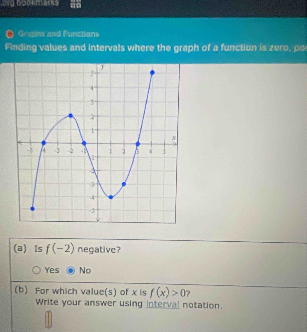 org bookmanks
O Graphs and Functions
Finding values and intervals where the graph of a function is zero, po
(a) Is f(-2) negative?
Yes No
(b) For which value(s) of x is f(x)>0
Write your answer using interval notation.