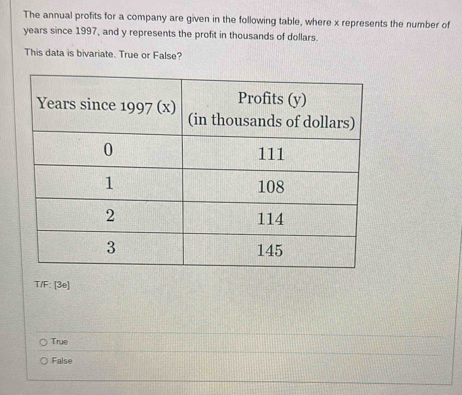 The annual profits for a company are given in the following table, where x represents the number of
years since 1997, and y represents the profit in thousands of dollars.
This data is bivariate. True or False?
T/F: [3e]
True
False