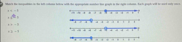 Match the inequalities in the left column below with the appropriate number line graph in the right column. Each graph will be used only once.
x
x 5
i 2 3
x>-5
x≥ -5
-9 -4 -7 -8 5 -4 -3 = 2 -1
- = 7 -5 -4 -3 = 2 -1 。 2 3