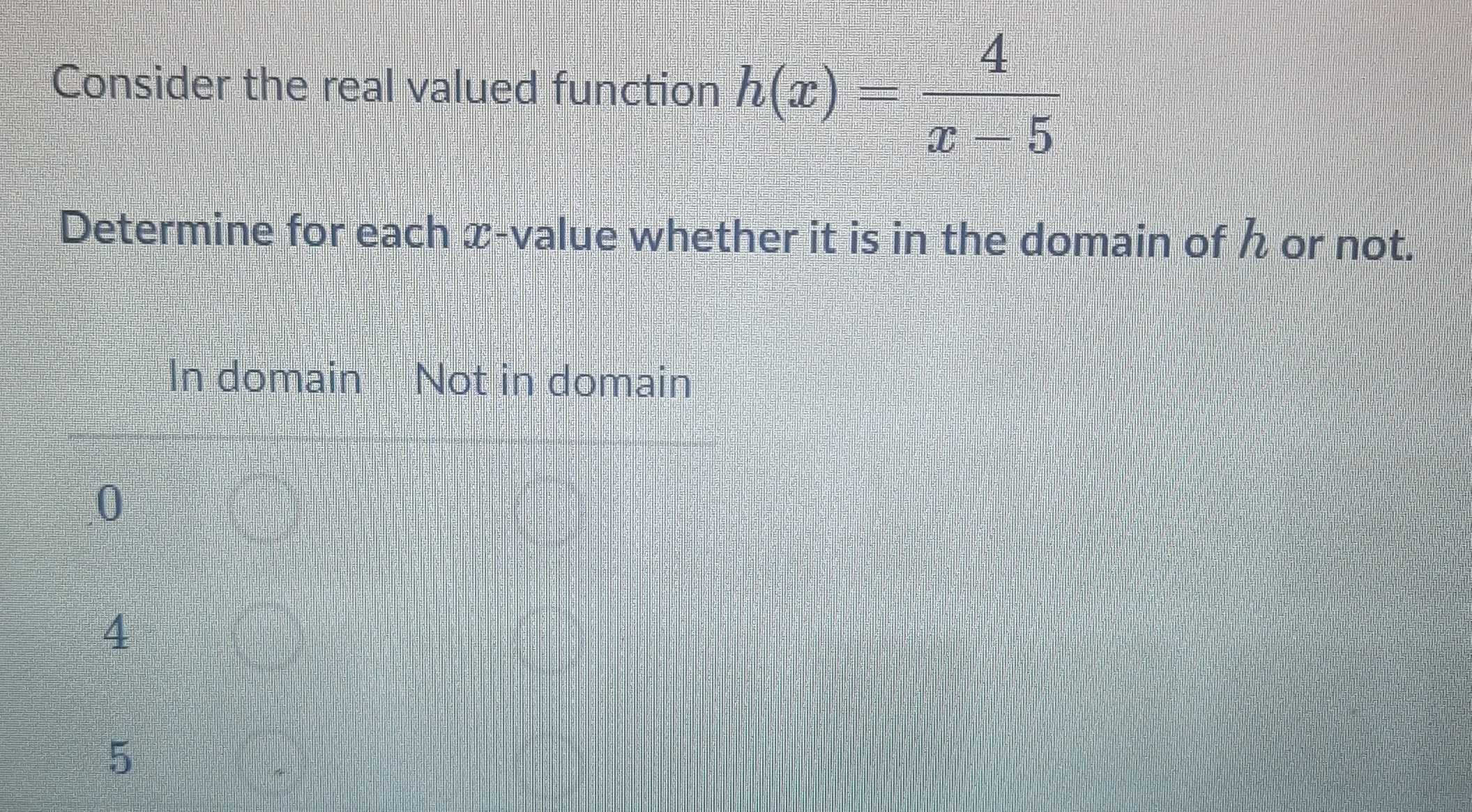 Consider the real valued function h(x)= 4/x-5 
Determine for each x -value whether it is in the domain of or not.
In domain Not in domain
0
4
5