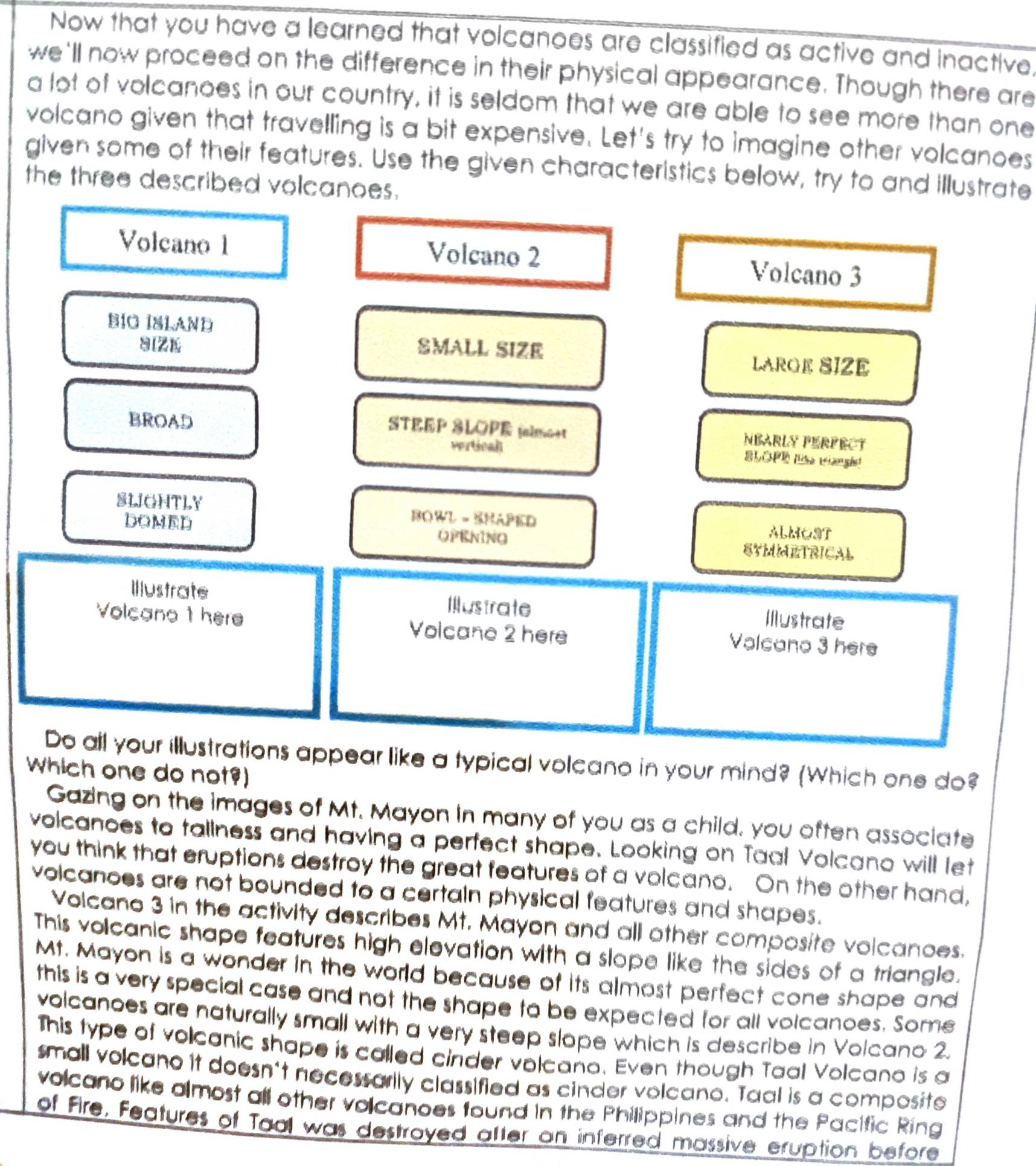 Now that you have a learned that volcanoes are classified as active and inactive 
we'll now proceed on the difference in their physical appearance. Though there are 
a lot of volcanoes in our country, it is seldom that we are able to see more than one 
volcano given that travelling is a bit expensive. Let's try to imagine other volcanoes 
given some of their features. Use the given characteristics below, try to and illustrate 
the three described volcanoes. 
Volcano 1 Volcano 2 Volcano 3 
BịO ISLAND 
SIZE SMALL SIZE LARGE SIZE 
STEEP SLOPE jalmoet NBARLY PERPECT 
BROAD SLOE lka triangh! 
vertical 
SLIGNTLY BOWL - SHAPED ALMOST 
DOMED OPENING 
SYMMETRICAL 
Illustrate Illustrate Illustrate 
Volcano 1 here Volcane 2 here Valcano 3 here 
Do all your illustrations appear like a typical volcano in your mind? (Which one do? 
Which one do not?) 
Gazing on the images of Mt. Mayon in many of you as a child, you often associate 
volcanoes to tallness and having a perfect shape. Looking on Taal Volcano will let 
you think that eruptions destroy the great features of a volcano. On the other hand, 
volcanoes are not bounded to a certain physical features and shapes. 
Volcano 3 in the activity describes Mt. Mayon and all other composite volcanoes. 
This volcanic shape features high elevation with a slope like the sides of a triangle. 
Mt. Mayon is a wonder in the world because of its almost perfect cone shape and 
this is a very special case and not the shape to be expected for all volcanoes. Some 
volcanoes are naturally small with a very steep slope which is describe in Volcano 2. 
This type of volcanic shape is called cinder volcano. Even though Taal Volcano is a 
small volcano it doesn't necessarily classified as cinder volcano. Taal is a composite 
volcano like almost all other volcanoes found in the Philippines and the Pacific Ring 
of Fire, Features of Taal was destroyed after an inferred massive eruption before