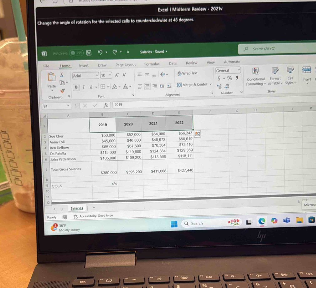 Solved: Excel I Midterm Review - 2021v Change the angle of rotation for ...