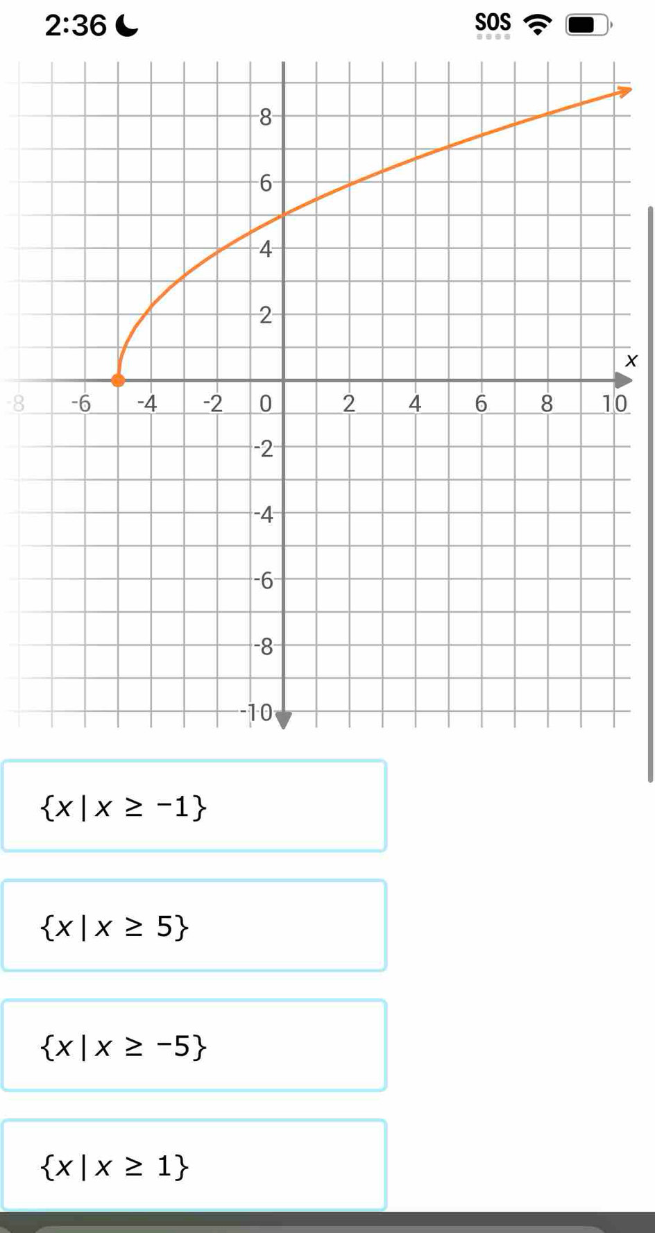 2:36 C soS
80
 x|x≥ -1
 x|x≥ 5
 x|x≥ -5
 x|x≥ 1