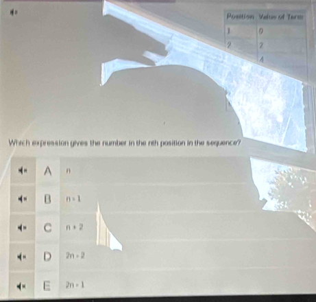 Position Velue of Ters
9
2
A
Which expression gives the number in the nth position in the sequence?
n
n=1
n+2
2n-2
2n-1
