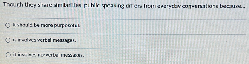 Though they share similarities, public speaking differs from everyday conversations because...
it should be more purposeful.
it involves verbal messages.
it involves no-verbal messages.