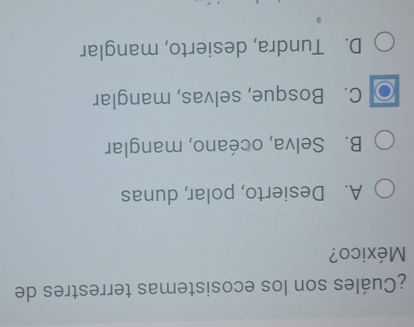 ¿Cuáles son los ecosistemas terrestres de
México?
A. Desierto, polar, dunas
B. Selva, océano, manglar
C. Bosque, selvas, manglar
D. Tundra, desierto, manglar