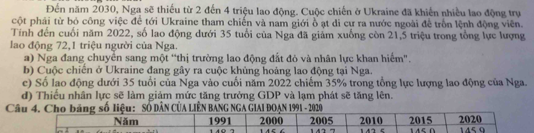 Đến năm 2030, Nga sẽ thiếu từ 2 đến 4 triệu lao động. Cuộc chiến ở Ukraine đã khiến nhiều lao động trụ
cột phải từ bỏ công việc để tới Ukraine tham chiến và nam giới ồ ạt di cự ra nước ngoài để trốn lệnh động viên.
Tính đến cuối năm 2022, số lao động dưới 35 tuổi của Nga đã giảm xuống còn 21,5 triệu trong tổng lực lượng
lao động 72, 1 triệu người của Nga.
a) Nga đang chuyền sang một “thị trường lao động đắt đỏ và nhân lực khan hiếm".
b) Cuộc chiến ở Ukraine đang gây ra cuộc khủng hoảng lao động tại Nga.
c) Số lao động dưới 35 tuổi của Nga vào cuối năm 2022 chiếm 35% trong tổng lực lượng lao động của Nga.
d) Thiếu nhân lực sẽ làm giảm mức tăng trưởng GDP và lạm phát sẽ tăng lên.
Câu 4. Cho bảng số liệu: Số DÂN CủA LIÊN BANG NGA GIAI ĐOẠN 1991 - 2020
Năm 1991 2000 2005 2010 2015 2020
140 7 142 7 142 5 1459