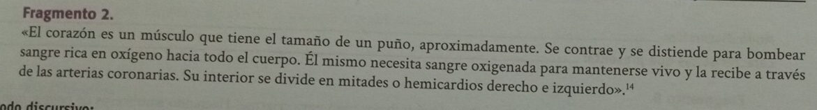 Fragmento 2. 
«El corazón es un músculo que tiene el tamaño de un puño, aproximadamente. Se contrae y se distiende para bombear 
sangre rica en oxígeno hacia todo el cuerpo. Él mismo necesita sangre oxigenada para mantenerse vivo y la recibe a través 
de las arterias coronarias. Su interior se divide en mitades o hemicardios derecho e izquierdo».''