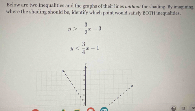 Below are two inequalities and the graphs of their lines without the shading. By imagining
where the shading should be, identify which point would satisfy BOTH inequalities.
y>- 3/2 x+3
y
y
10
9
8
7
6
5
 4
3
Se